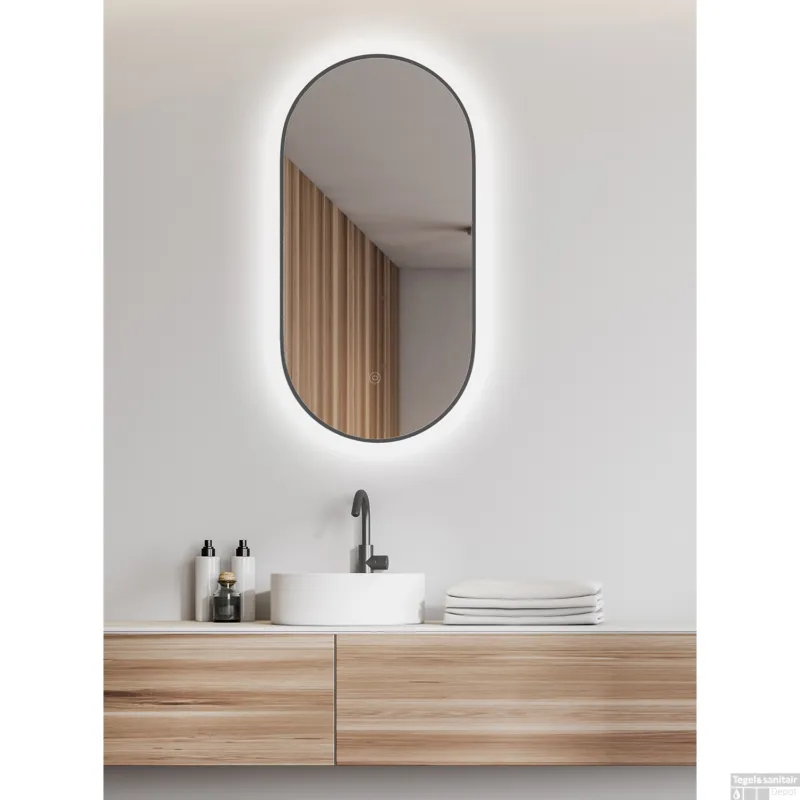 Weekendaanbieding Spiegel Wiesbaden Nomi Ovaal Met LED en Spiegelverwarming 50x100 cm Gunmetal