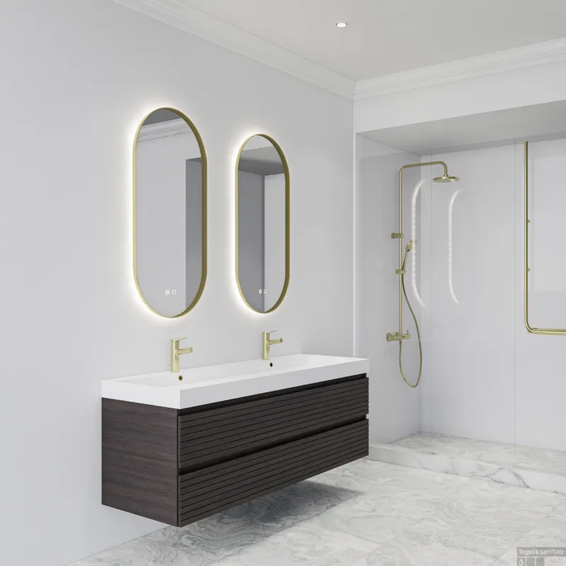 Spiegel BWS Thyreos 40x100cm Ovaal Met Mat Rand Goud LED Verlichting & Geintegreerde Spiegelverwarming Populair