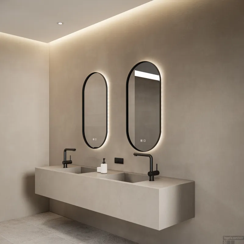 Spiegel BWS Thyreos 40x100cm Ovaal Met Rand Mat Zwart LED Verlichting & Geintegreerde Spiegelverwarming Laatste Versie