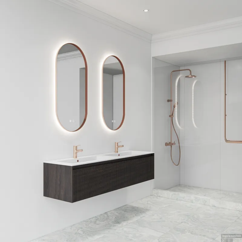 Spiegel BWS Thyreos 40x100cm Ovaal Met Rand Koper LED Verlichting & Geintegreerde Spiegelverwarming Snelle Levering