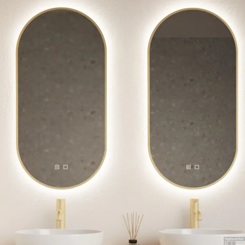 Betrouwbaar Spiegel Gliss Design Aura 40x100cm Mat Goud Ovaal Met LED Verlichting & Geintegreerde Spiegelverwarming
