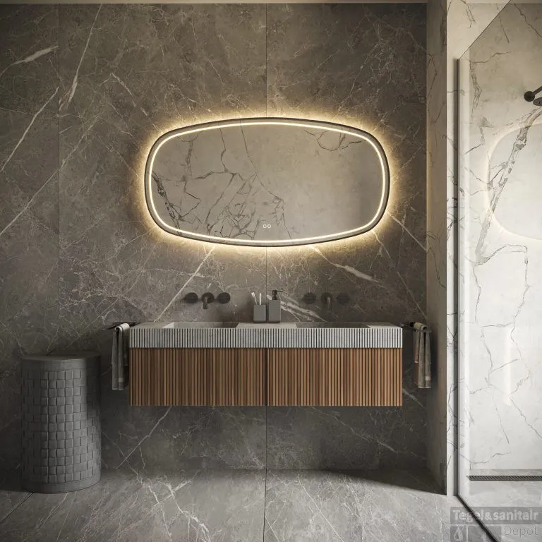 Favoriet Spiegel Hipp Design Phantom 009 Deens Ovaal Met Frame Mat Zwart 140x74 cm Met Verlichting Incl. Spiegelverwarming
