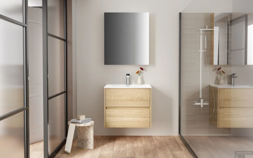 Spiegelkast BWS Hayat 2 Assymetrische Deuren 60x70x15cm Eik Actieprijs