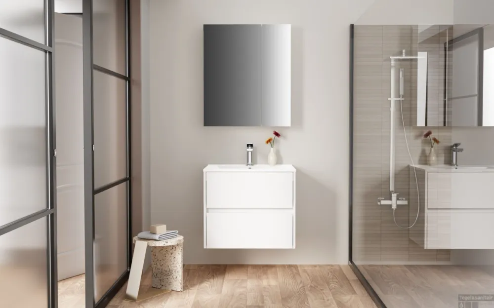 Spiegelkast BWS Hayat 2 Assymetrische Deuren 60x70x15cm Glanzend Wit Merkproduct