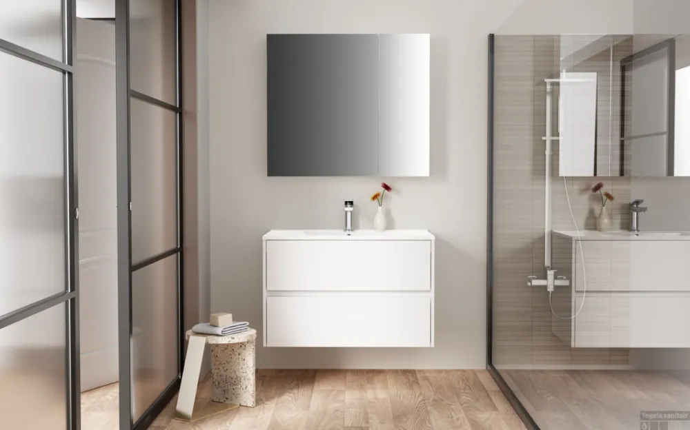 Spiegelkast BWS Hayat 2 Assymetrische Deuren 80x70x15cm Glanzend Wit Snelle Levering