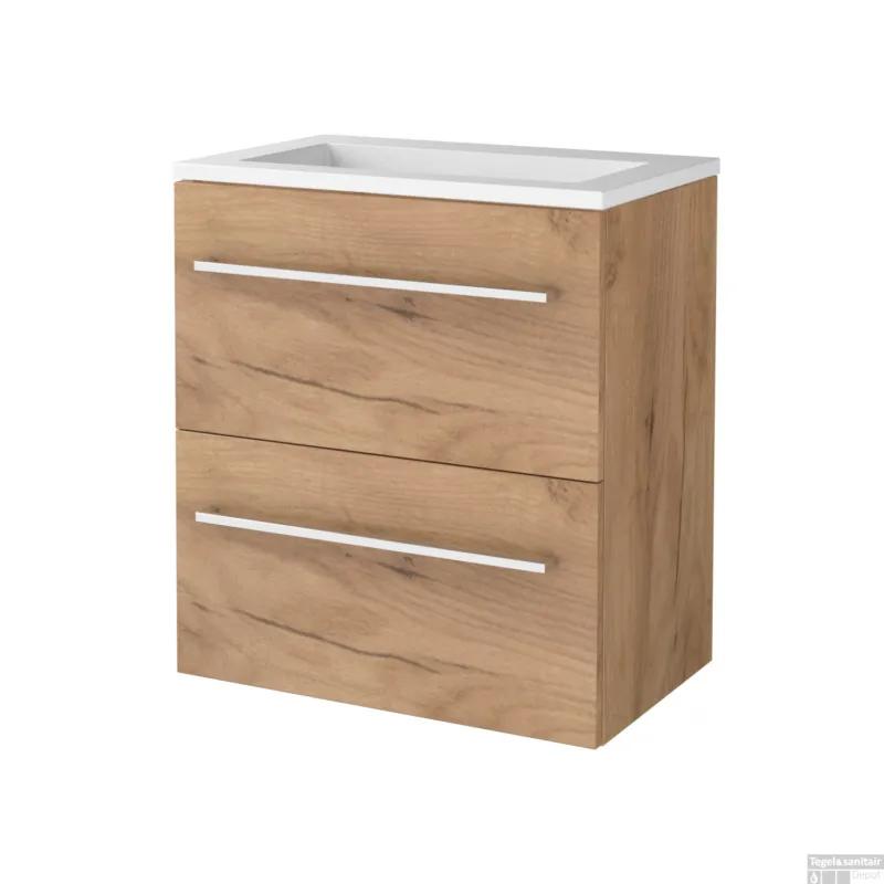 Op = Op Badmeubelset BWS Salt 60x39cm Met Grepen 2 Lades Met Wastafel Acryl Whisky Oak