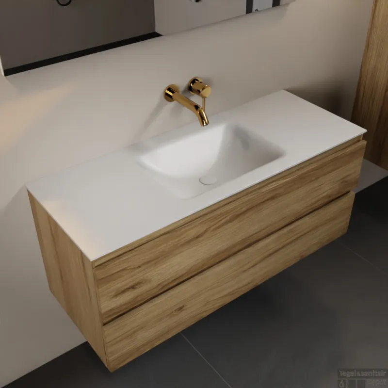 MONDIAZ AIVY 120cm badmeubel Chai, wastafel Talc solid surface midden zonder kraangat (AI-351621TALC-NO - AI-M120CHMI) Flitsaanbieding