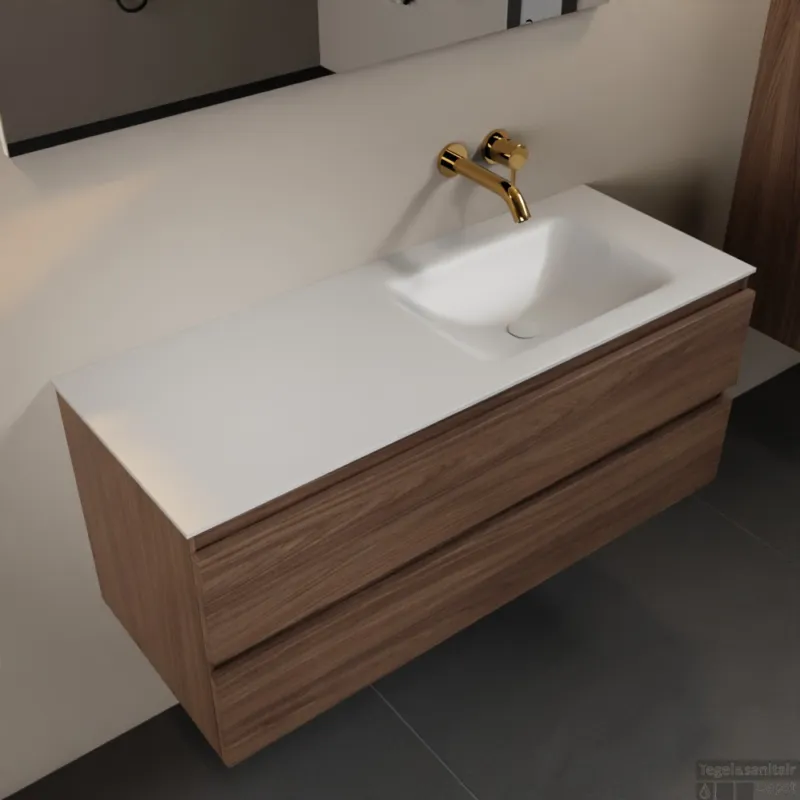 MONDIAZ AIVY 120cm badmeubel Mocha, wastafel Talc solid surface rechts zonder kraangat (AI-351641TALC-NO - AI-M120MORE) Gratis Retour