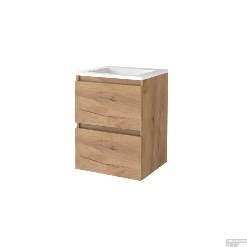 Superprijs Badmeubelset BWS Salt 50x46cm Greeploos 2 Lades Met Wastafel Acryl Whisky Oak