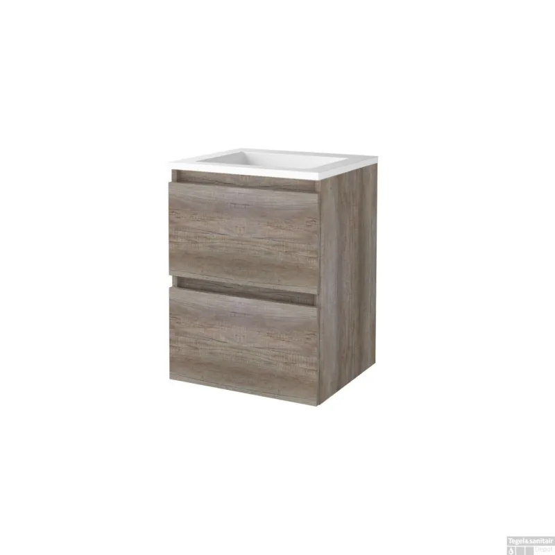 Populair Badmeubelset BWS Salt 50x46cm Greeploos 2 Lades Met Wastafel Acryl Scotch Oak