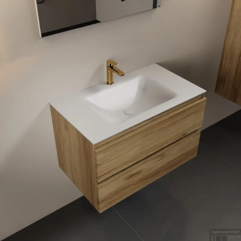 Laatste Kans MONDIAZ AIVY 80cm badmeubel Chai, wastafel Talc solid surface midden 1 kraangat met spiegel (AI-351171TALC-SI - AI-M80CHMI - AI-S80X70)
