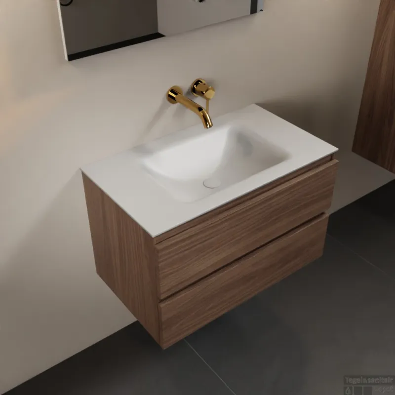 MONDIAZ AIVY 80cm badmeubel Mocha, wastafel Talc solid surface midden zonder kraangat met spiegel (AI-351171TALC-NO - AI-M80MOMI - AI-S80X70) Lage Prijs