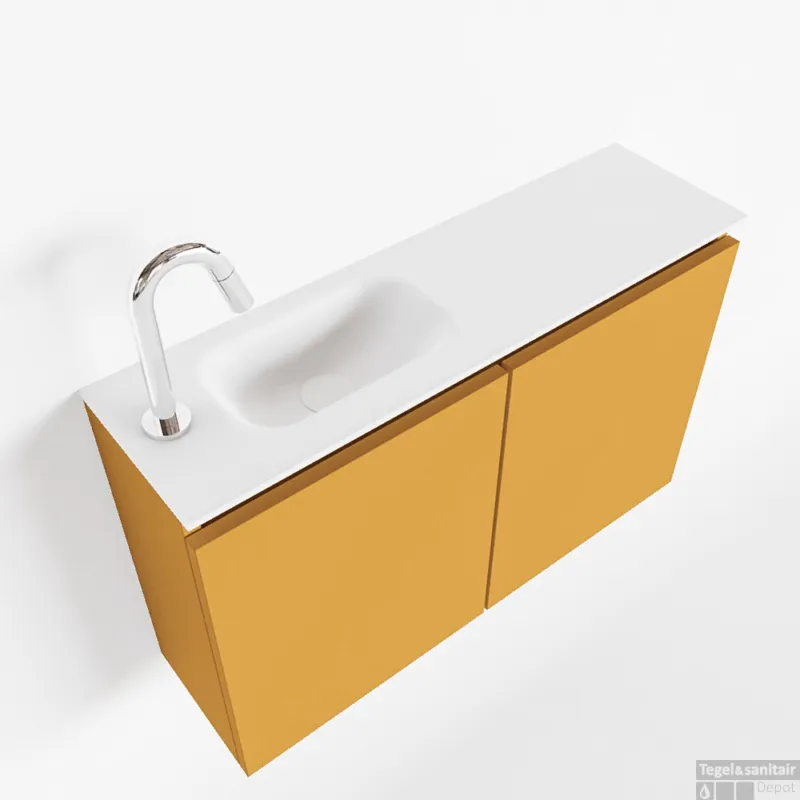 Fabrieksprijs MONDIAZ TURE 80cm toiletmeubel ocher. EDEN wastafel talc links 1 kraangat