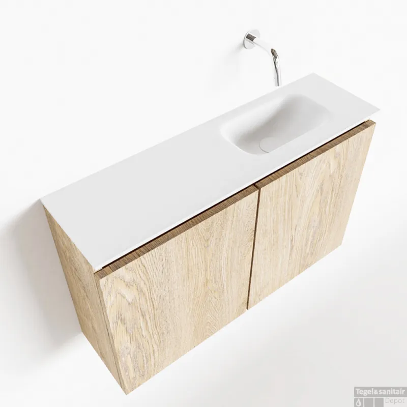 Aanbieding MONDIAZ TURE 80cm toiletmeubel washed oak. EDEN wastafel talc rechts geen kraangat