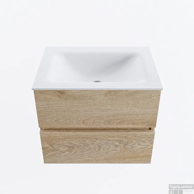 Fabrieksprijs MONDIAZ VICA 60cm badmeubel onderkast Washed Oak 2 lades. Wastafel CLOUD midden zonder kraangat, kleur Talc.