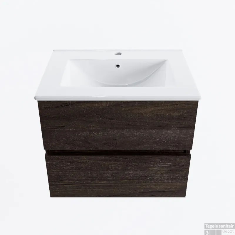 Dagaanbieding MONDIAZ VICA 60cm badmeubel onderkast Dark Brown 2 lades. Wastafel DENIA midden 1 kraangat, kleur Glanzend Wit.