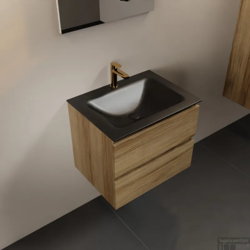Goedkoop MONDIAZ AIVY 60cm badmeubel Chai, wastafel Urban solid surface midden 1 kraangat met spiegel (AI-351111URBAN-SI - AI-M60CHMI - AI-S60X70)