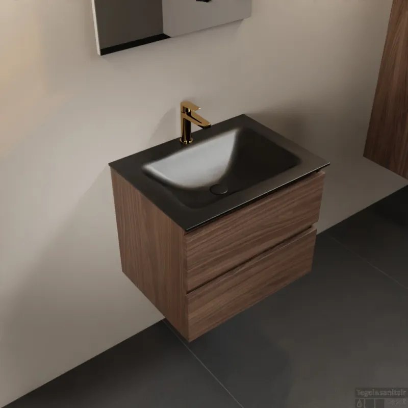 Bestel Nu MONDIAZ AIVY 60cm badmeubel Mocha, wastafel Urban solid surface midden 1 kraangat met spiegel (AI-351111URBAN-SI - AI-M60MOMI - AI-S60X70)