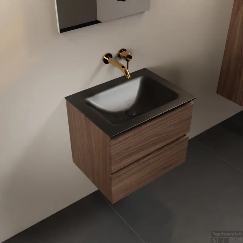 MONDIAZ AIVY 60cm badmeubel Mocha, wastafel Urban solid surface midden zonder kraangat met spiegel (AI-351111URBAN-NO - AI-M60MOMI - AI-S60X70) Hoge Kwaliteit