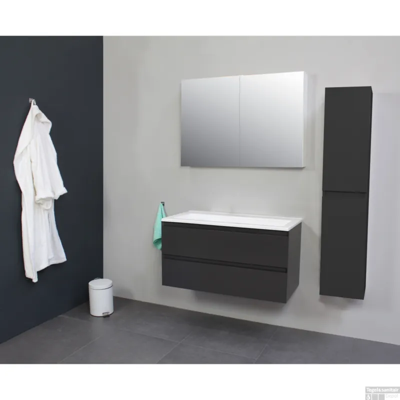 Merkproduct Badkamermeubel BWS Pepper Wastafel Acryl Incl Spiegelkast 2 Deurs Zonder Kraangat 100x55x46 cm Antraciet