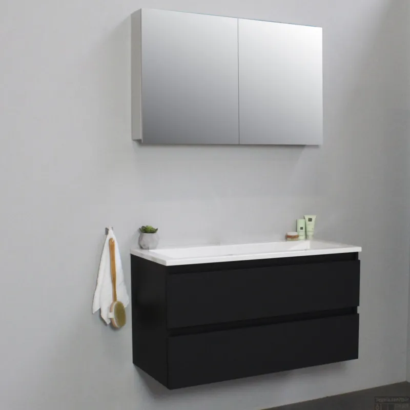 Badkamermeubel BWS Pepper Wastafel Acryl Incl Spiegelkast 2 Deurs Zonder Kraangat 100x55x46 cm Mat Zwart Flitsaanbieding