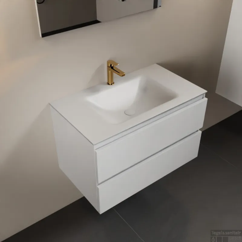 MONDIAZ AIVY 80cm badmeubel Talc, wastafel Talc solid surface midden 1 kraangat met spiegel (AI-351171TALC-SI - AI-M80TAMI - AI-S80X70) Korting