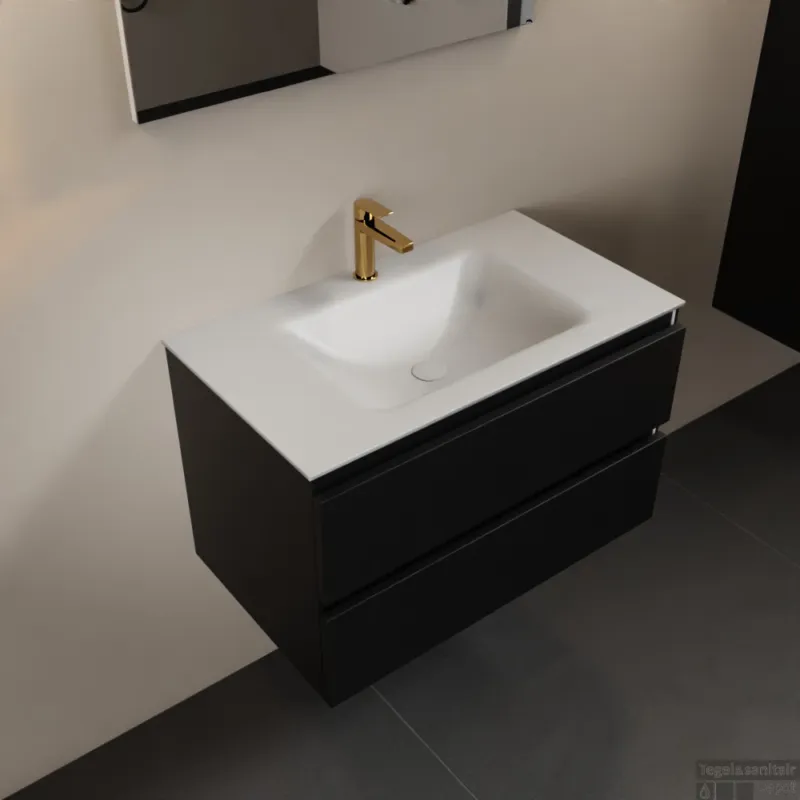 MONDIAZ AIVY 80cm badmeubel Urban, wastafel Talc solid surface midden 1 kraangat met spiegel (AI-351171TALC-SI - AI-M80URMI - AI-S80X70) Betrouwbaar