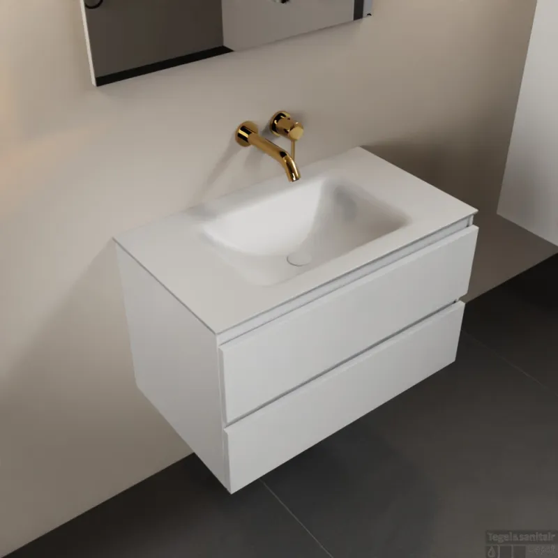 Lage Kosten MONDIAZ AIVY 80cm badmeubel Talc, wastafel Talc solid surface midden zonder kraangat met spiegel (AI-351171TALC-NO - AI-M80TAMI - AI-S80X70)