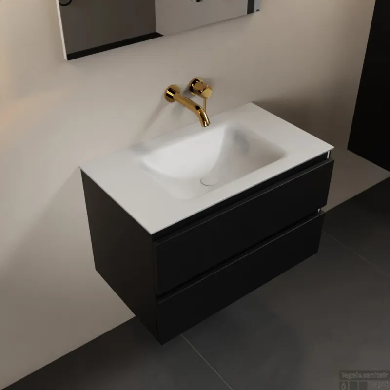 Hoge Kwaliteit MONDIAZ AIVY 80cm badmeubel Urban, wastafel Talc solid surface midden zonder kraangat met spiegel (AI-351171TALC-NO - AI-M80URMI - AI-S80X70)