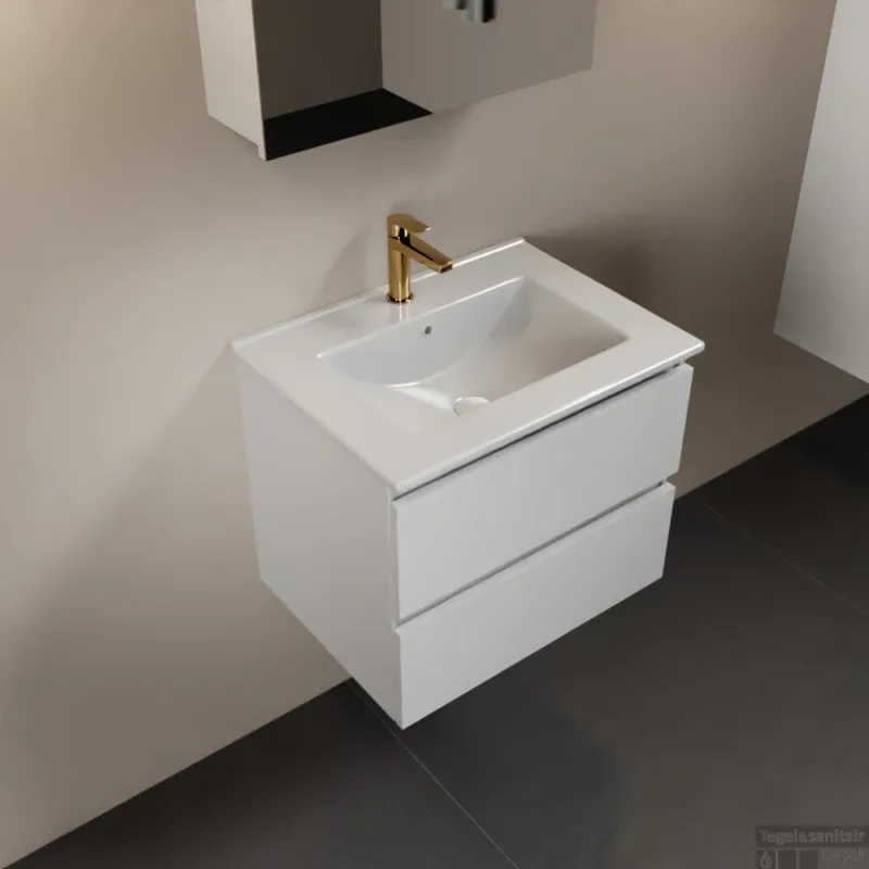 Direct Beschikbaar MONDIAZ AIVY 60cm badmeubel Talc, wastafel glanzend wit keramiek midden 1 kraangat met spiegelkast (M60100 - AI-M60TAMI - AI-C60TAMI)
