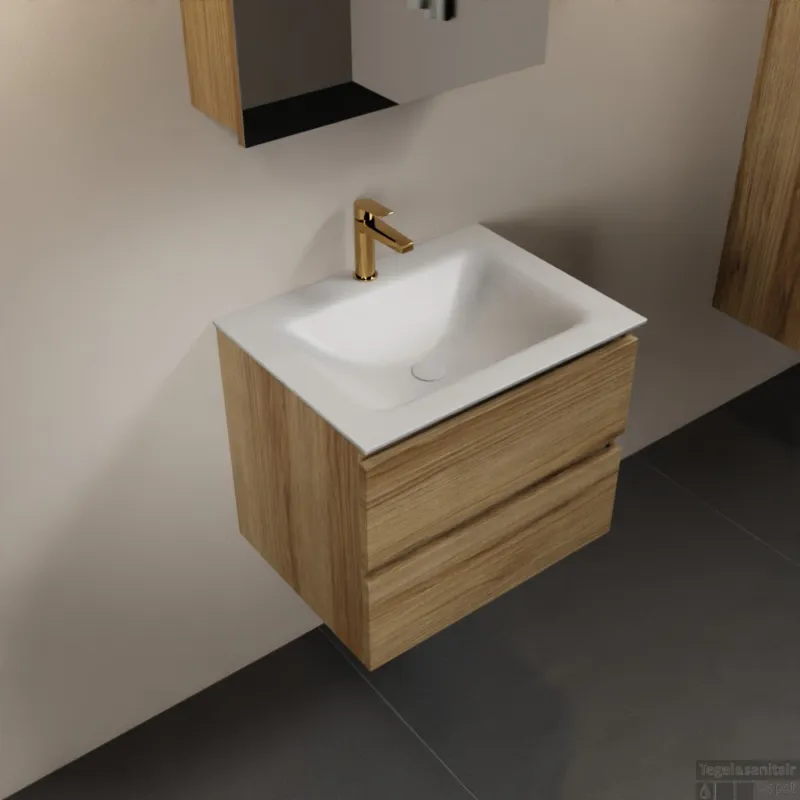 MONDIAZ AIVY 60cm badmeubel Chai, wastafel Talc solid surface midden 1 kraangat met spiegelkast (AI-351111TALC-SI - AI-M60CHMI - AI-C60CHMI) Laatste Versie