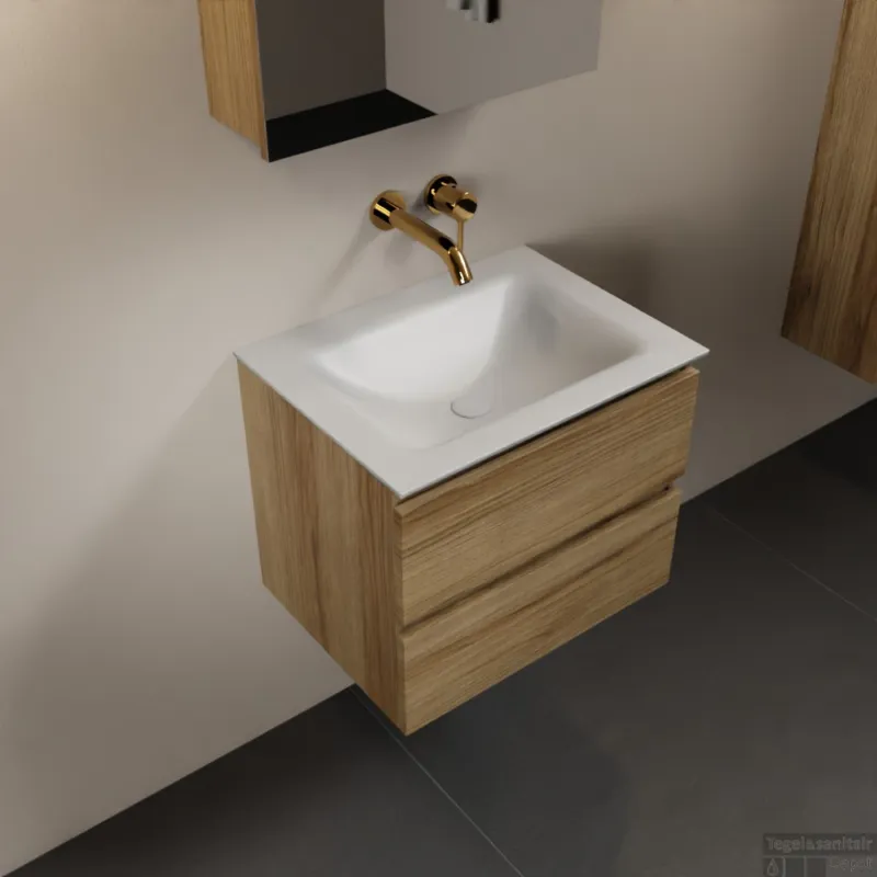 MONDIAZ AIVY 60cm badmeubel Chai, wastafel Talc solid surface midden zonder kraangat met spiegelkast (AI-351111TALC-NO - AI-M60CHMI - AI-C60CHMI) Bestel Nu