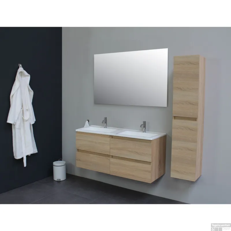 Seizoensaanbieding Badkamermeubel BWS Pepper Acryl Wastafel Incl Spiegel Twee Kraangaten 120x55x46 cm Eiken