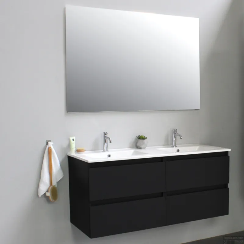 Badkamermeubel BWS Pepper Wastafel Porselein Twee Kraangaten Incl Spiegel 120x55x46 cm Mat Zwart Populair