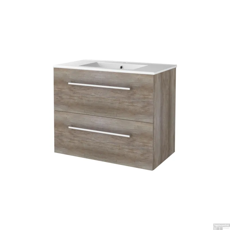 Snelle Levering Badmeubelset BWS Salt 80x46cm Met Grepen 2 Lades Met Wastafel 1 Kraangat Scotch Oak