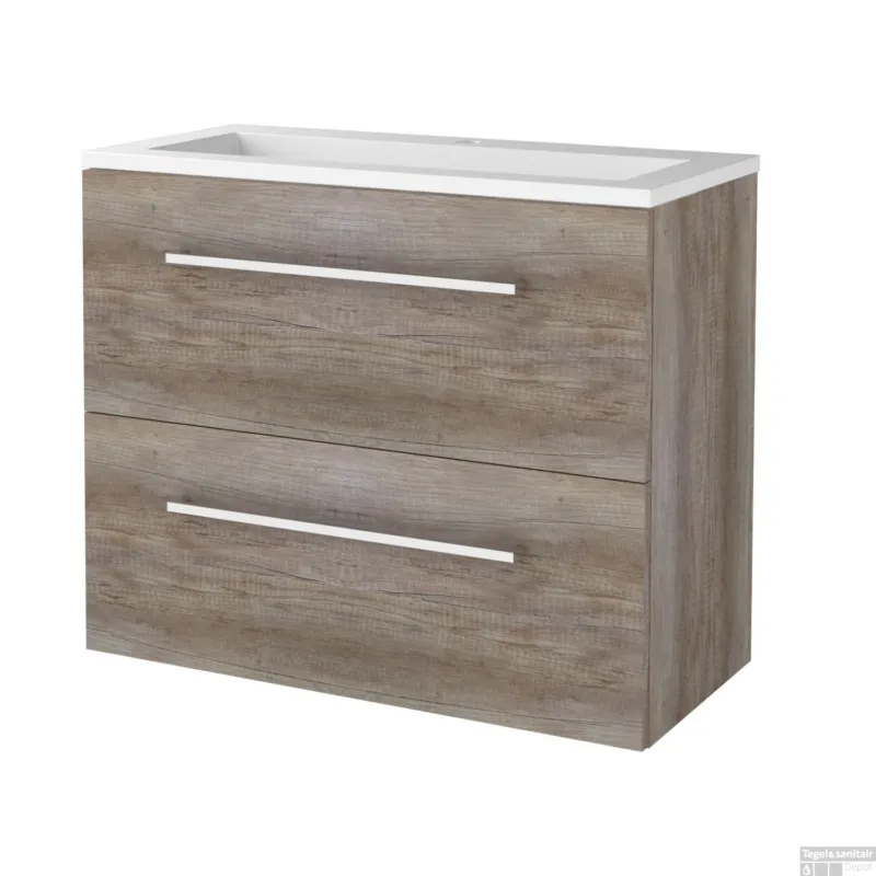 Gecertificeerd Badmeubelset BWS Salt 80x39cm Met Grepen 2 Lades Met Wastafel Acryl 1 Kraangat Scotch Oak