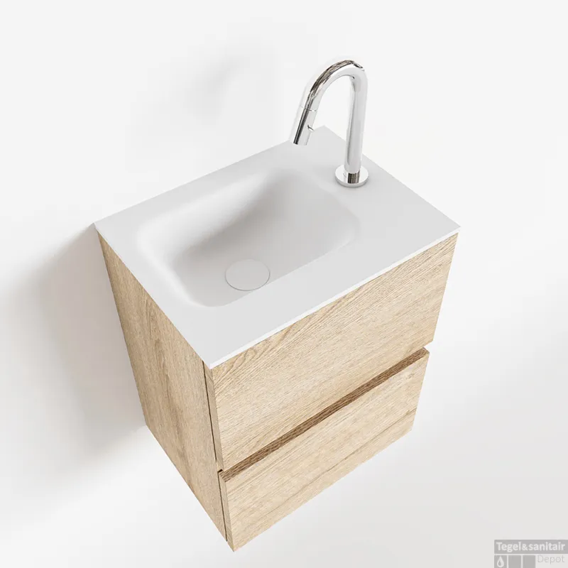 Hoge Kwaliteit MONDIAZ ADA 40cm toiletmeubel washed oak. LEX wastafel talc rechts 1 kraangat