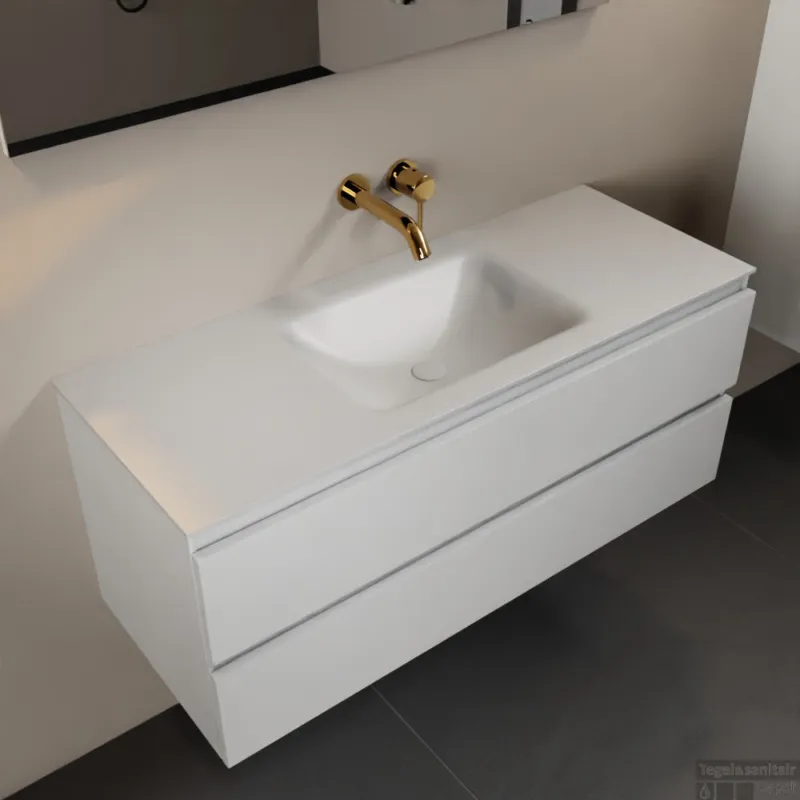 Koop Vandaag MONDIAZ AIVY 120cm badmeubel Talc, wastafel Talc solid surface midden zonder kraangat (AI-351621TALC-NO - AI-M120TAMI)