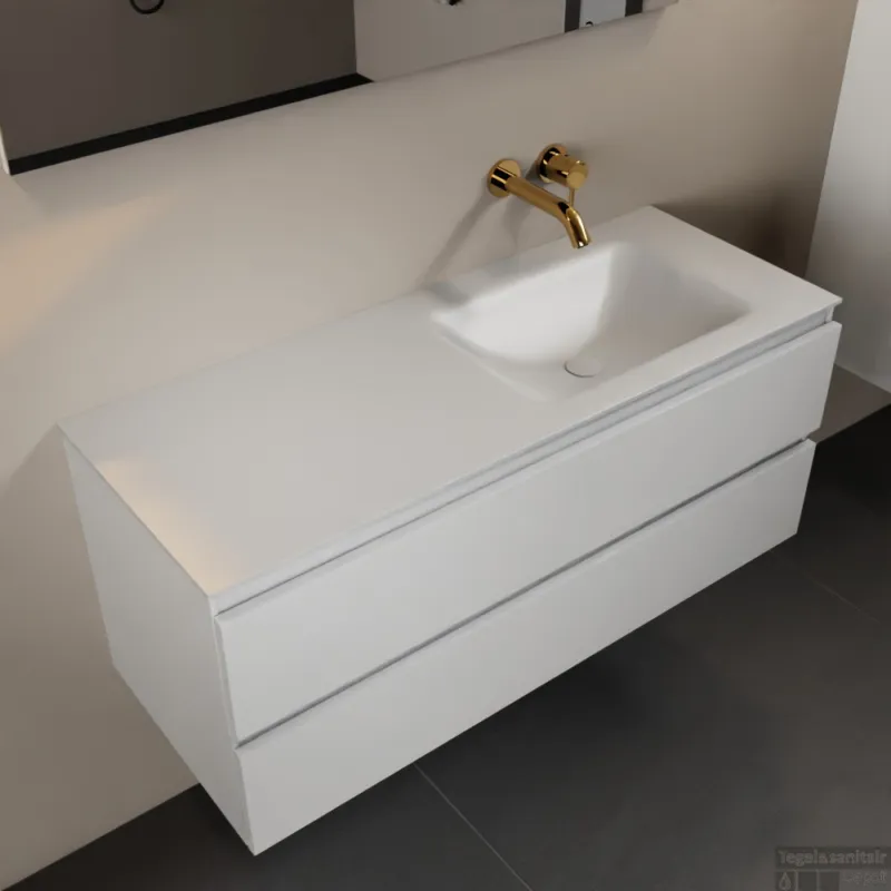MONDIAZ AIVY 120cm badmeubel Talc, wastafel Talc solid surface rechts zonder kraangat (AI-351641TALC-NO - AI-M120TARE) Nieuw