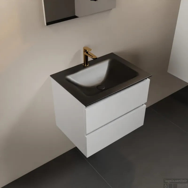 Exclusieve Aanbieding MONDIAZ AIVY 60cm badmeubel Talc, wastafel Urban solid surface midden 1 kraangat met spiegel (AI-351111URBAN-SI - AI-M60TAMI - AI-S60X70)
