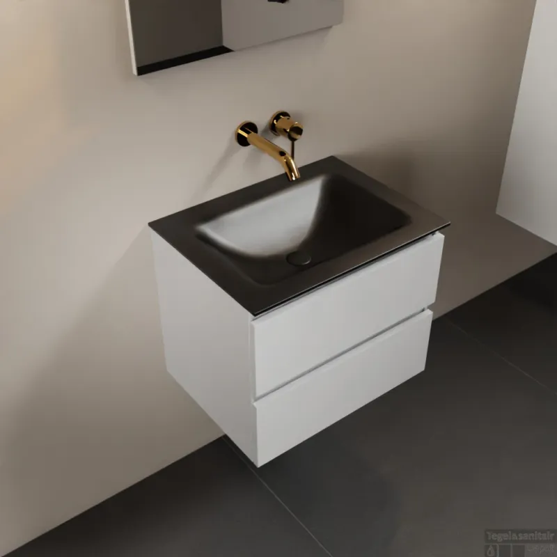 Goedkoop MONDIAZ AIVY 60cm badmeubel Talc, wastafel Urban solid surface midden zonder kraangat met spiegel (AI-351111URBAN-NO - AI-M60TAMI - AI-S60X70)
