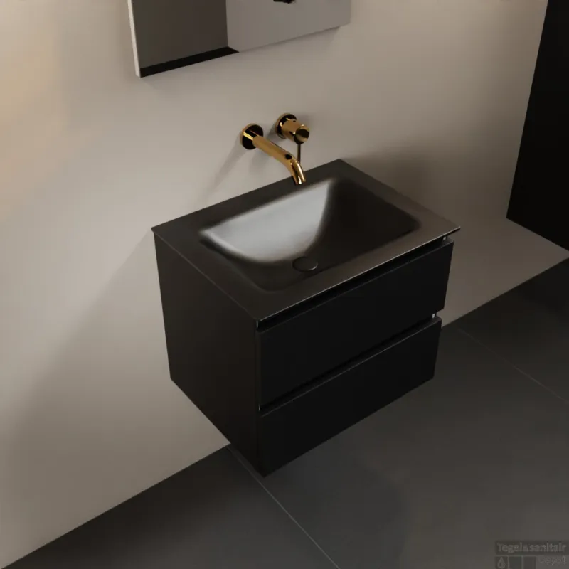 MONDIAZ AIVY 60cm badmeubel Urban, wastafel Urban solid surface midden zonder kraangat met spiegel (AI-351111URBAN-NO - AI-M60URMI - AI-S60X70) Dagaanbieding