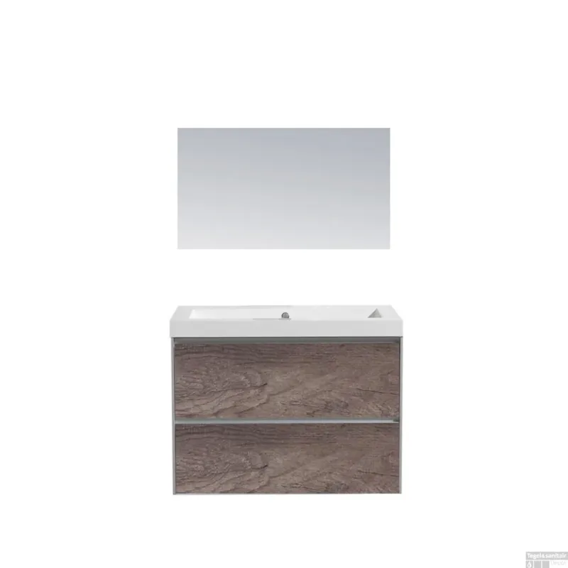 Merkproduct Badkamermeubel Sanilux PL 60 Greeploos Incl Spiegel En Wastafel Century Oak Multiplex 60x47x50 cm