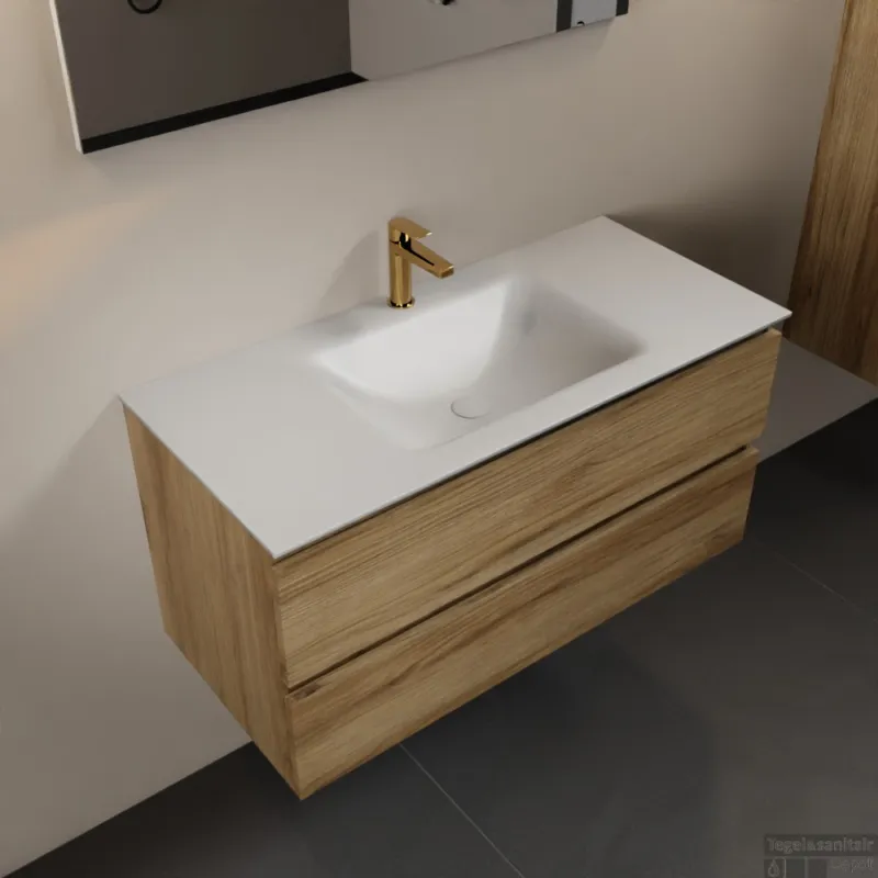 Korting MONDIAZ AIVY 100cm badmeubel Chai, wastafel Talc solid surface midden 1 kraangat met spiegel (AI-351321TALC-SI - AI-M100CHMI - AI-S100X70)