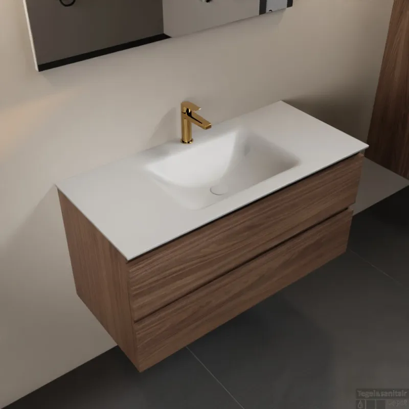 MONDIAZ AIVY 100cm badmeubel Mocha, wastafel Talc solid surface midden 1 kraangat met spiegel (AI-351321TALC-SI - AI-M100MOMI - AI-S100X70) Nieuw