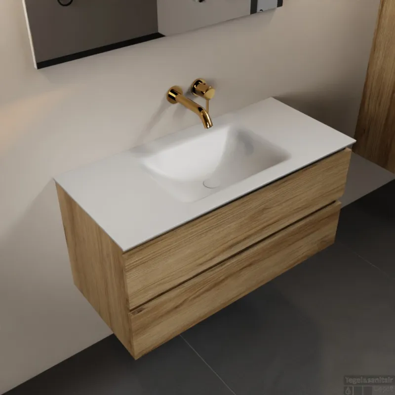 Aanbieding MONDIAZ AIVY 100cm badmeubel Chai, wastafel Talc solid surface midden zonder kraangat met spiegel (AI-351321TALC-NO - AI-M100CHMI - AI-S100X70)
