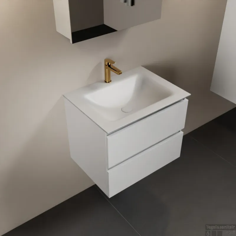 MONDIAZ AIVY 60cm badmeubel Talc, wastafel Talc solid surface midden 1 kraangat met spiegelkast (AI-351111TALC-SI - AI-M60TAMI - AI-C60TAMI) Laatste Kans