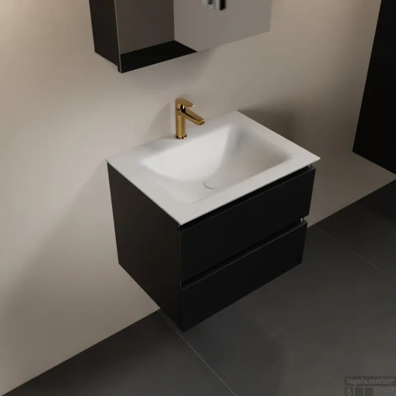 Lage Prijs MONDIAZ AIVY 60cm badmeubel Urban, wastafel Talc solid surface midden 1 kraangat met spiegelkast (AI-351111TALC-SI - AI-M60URMI - AI-C60URMI)
