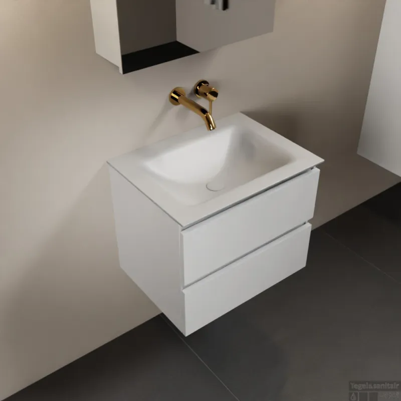MONDIAZ AIVY 60cm badmeubel Talc, wastafel Talc solid surface midden zonder kraangat met spiegelkast (AI-351111TALC-NO - AI-M60TAMI - AI-C60TAMI) Betrouwbaar