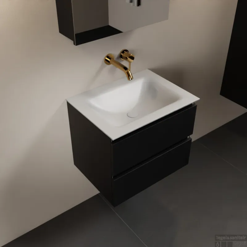 MONDIAZ AIVY 60cm badmeubel Urban, wastafel Talc solid surface midden zonder kraangat met spiegelkast (AI-351111TALC-NO - AI-M60URMI - AI-C60URMI) Actieprijs